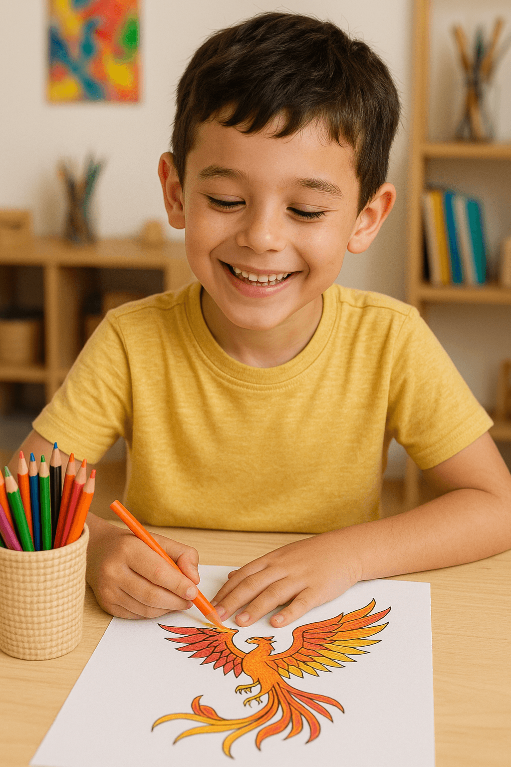Realistic image of a smiling child in art therapy section, coloring an image of Phoenix.
